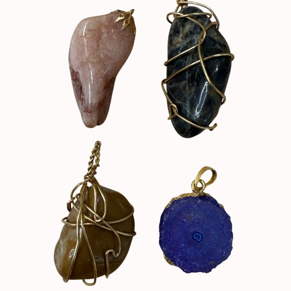 Natural Stone Pendant Lot With Wire Wrapping, Boho, Gypsy, Craft, DIY, Eclectic - Picture 1 of 8